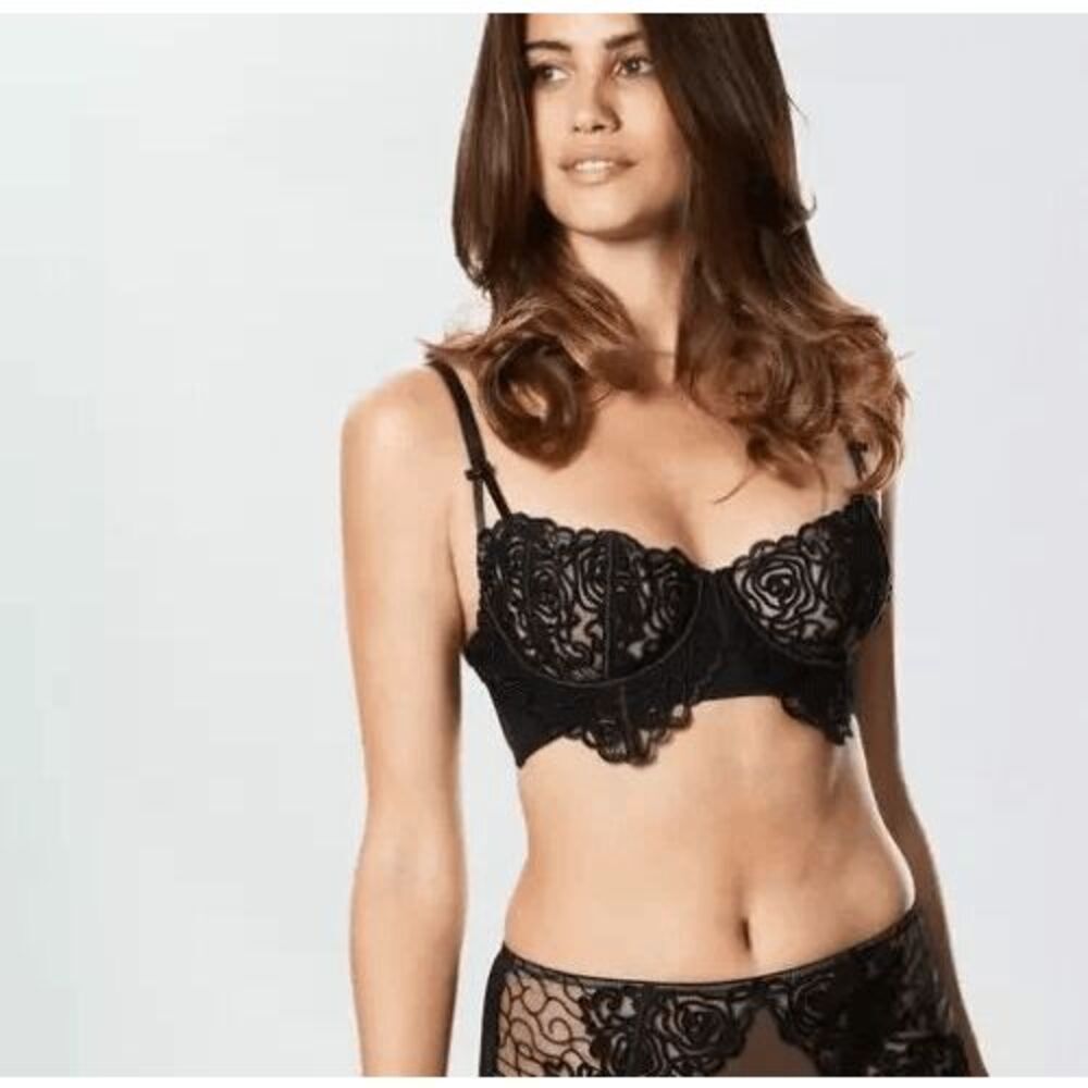 Ann Summers Black Satin Lace Cornelli Long Line Bra Women's Size 32B NWT